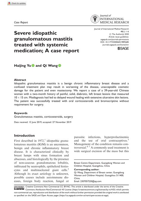 PDF Severe Idiopathic Granulomatous Mastitis Treated With Systemic