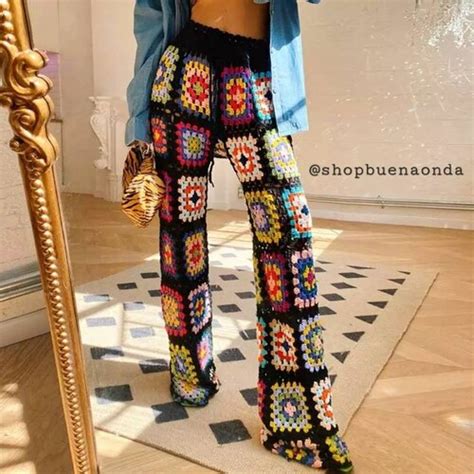 Crochet Granny Square Motif Pants Boho Hippie Pants Festival Etsy