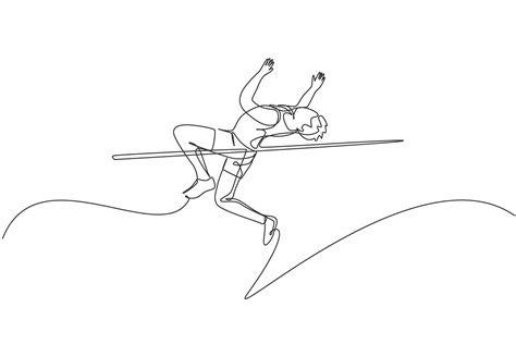 One continuous line drawing of young sporty man practicing high jump games in the field. Healthy ...