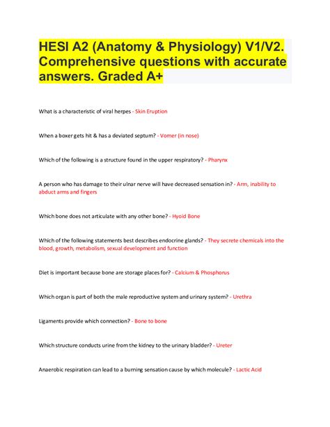 Hesi A Anatomy Physiology V V Comprehensive Questions With