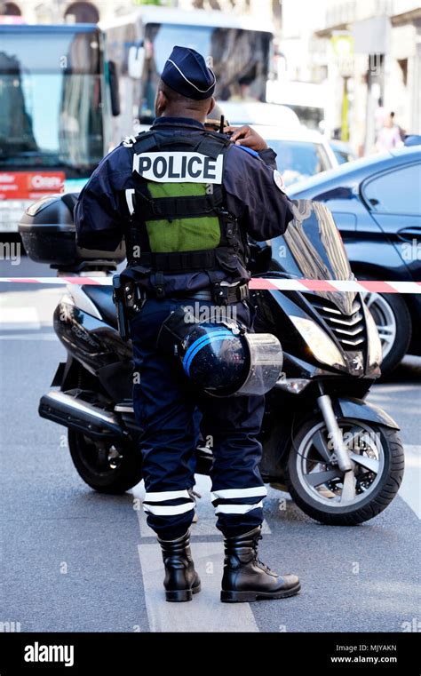 French Police Officer On Traffic Regulation Paris France Stock