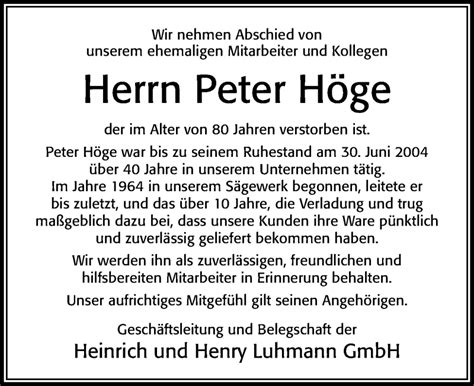 Traueranzeigen von Peter Höge Trauerportal der Celleschen Zeitung