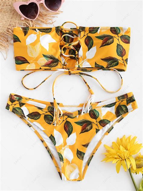 Lace Up Leaf Bikini Set In Rubber Ducky Yellow Zaful 2024