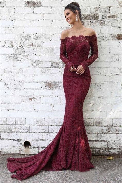 Long Sleeve Lace Maroon Mermaid Prom Dresses Off The Shoulder Evening