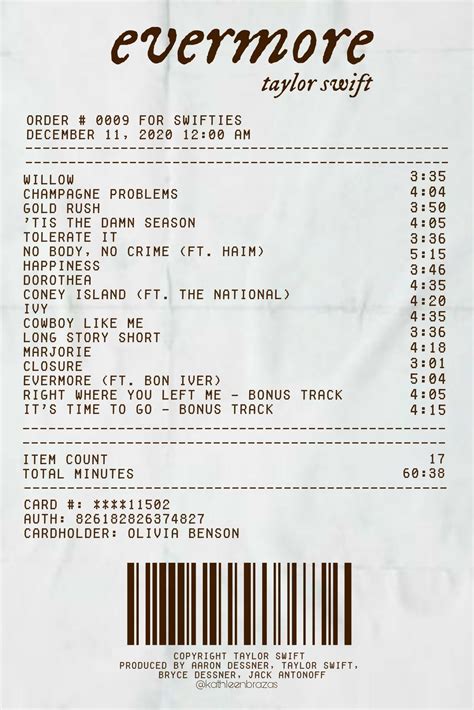 Evermore Taylor Swift Album Receipt Artofit