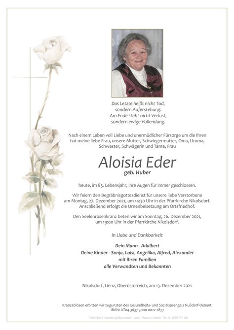 Todesanzeige Aloisia Eder Trauer Link