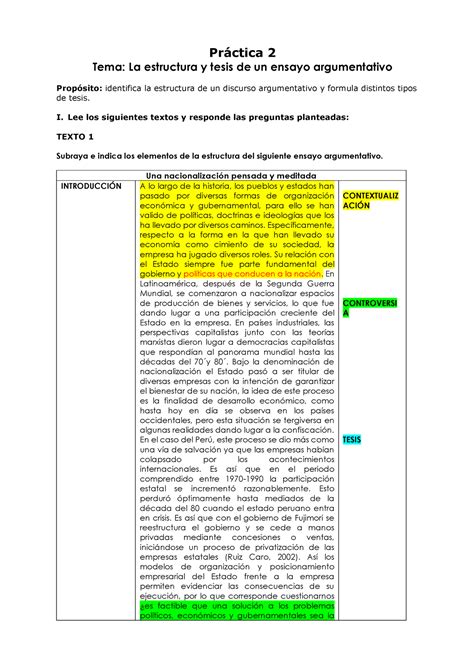 Práctica 2 aas Práctica 2 Tema La estructura y tesis de un ensayo