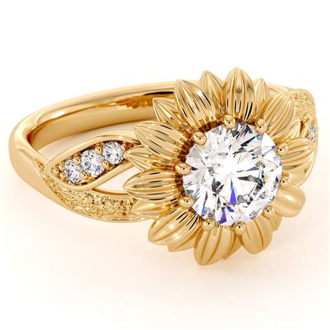 Shining Sunflower Engagement Ring Solid 14K Yellow Gold Ring Etsy