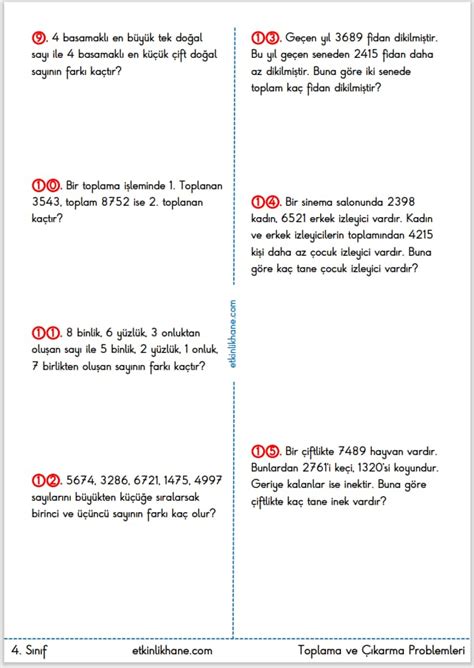 4 Sınıf Toplama ve Çıkarma İşlemi Problemleri etkinlikhane