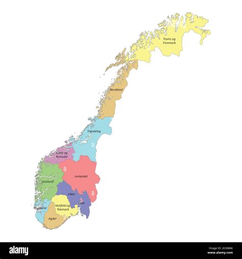 High quality colorful labeled map of Norway with borders of the regions ...