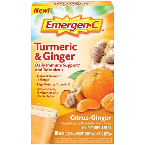 Emergen-C Citrus-Ginger Fizzy Drink Mix, Turmeric and Ginger, Immune ...