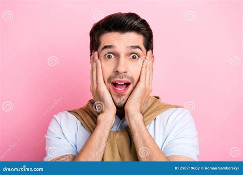 Photo Of Amazed Funny Crazy Guy Brunet Hair Hands Cheeks Open Mouth