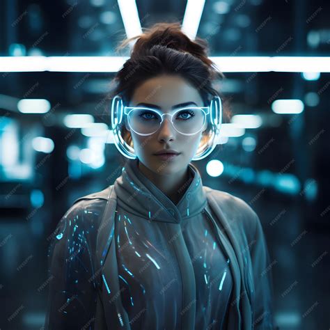 Premium Photo Woman Wearing Futuristic Ai Eyeglasses Generative Ai