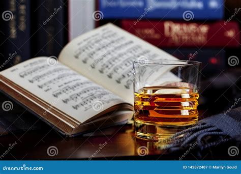 Scotch Whisky Neat With Books And Scarf Stock Image Image Of Music