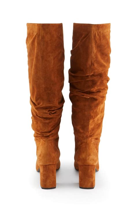 Cognac Brown Suede Pull On Knee High Boot