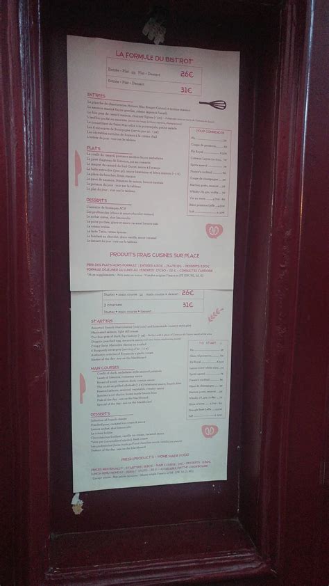 Menu At Bistrot Chez France Restaurant Paris Rue Am Lie