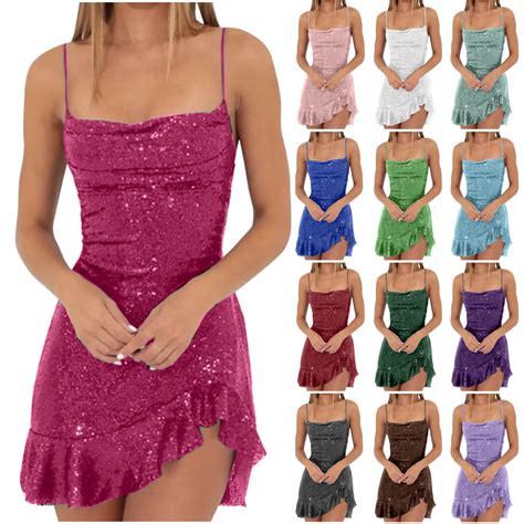 Yanhaigong Sequin Mini Dresses For Women Spaghetti Straps Sequin