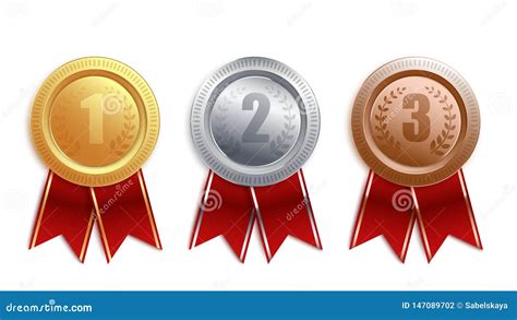 Set Of Gold Silver Bronze Badges With Red Ribbon Stock Vector Illustration Of Badge Shiny