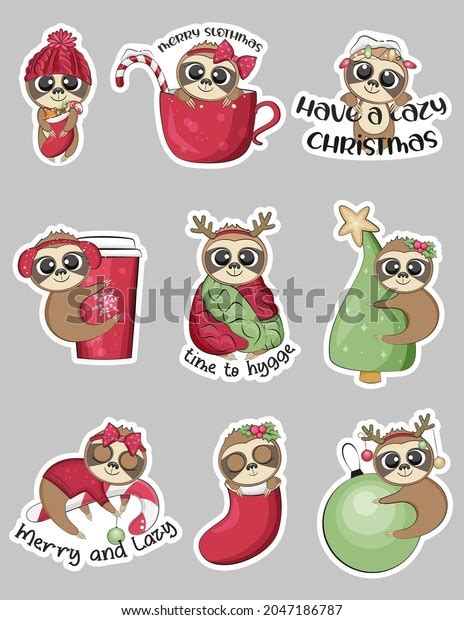 Cute Christmas Sloths Stickers Collection Vector Stock Vector Royalty Free 2047186787