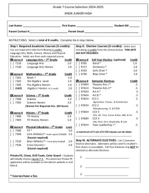 Fillable Online Th Grade Course Selection Form Fax Email