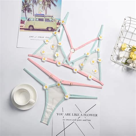 Women Sexy Lingerie Daisy Sheer Mesh Set Bikini Babydoll Sleepwear See