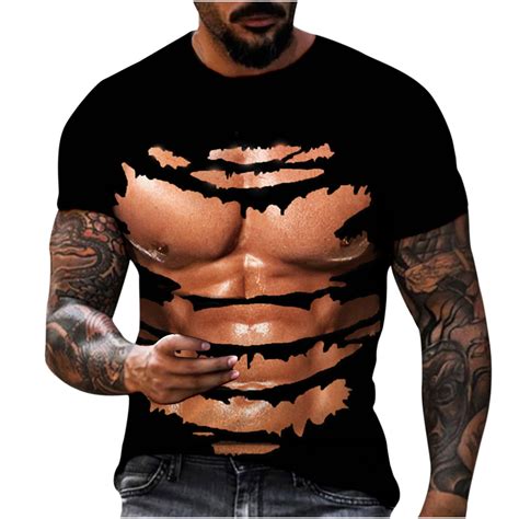 Ddapj Pyju Mens 3d Print Fake Abs T Shirts Shredded Chest Printed Short