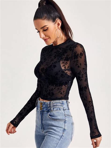 Shein Bae Mock Neck Flocked Mesh Top Without Bra Shein Usa