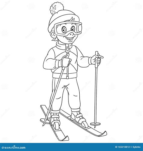 Coloring Page With Boy Skier Ski Running Stock Vector Illustration Of