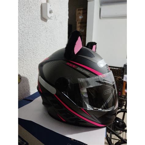 Capacete Personalizado R Feminino Rosa E Preto Par Orelha