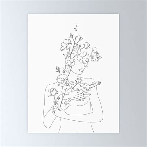 Minimal Line Art Woman With Wild Roses Mini Art Print By Nadja Line