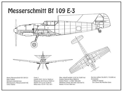 Messerschmitt Bf 109 E-3 - Airplane Blueprint. Drawing Plans for the Messerschmitt Bf 109 E ...