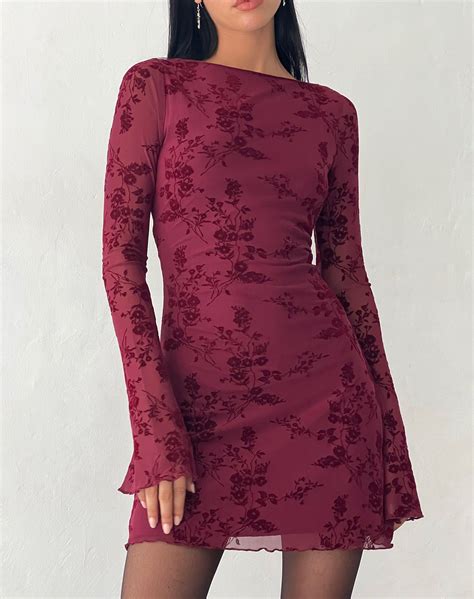 Sevila Long Sleeve Mini Dress In Flocked Botanical Flower Maroon Long