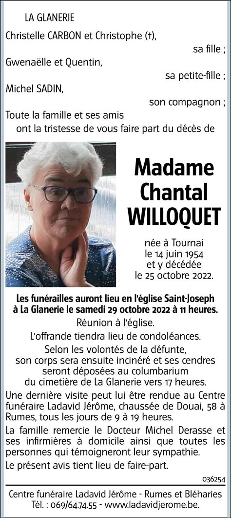 Chantal WILLOQUET 25 10 2022 Avis nécrologique lavenir net