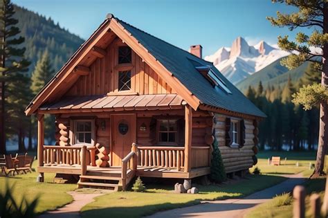 Premium Photo | A log cabin in the mountains with a mountain in the ...