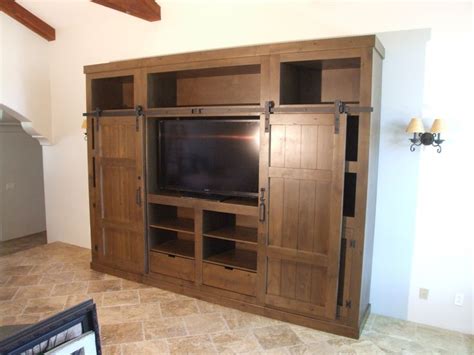 Barn Door Entertainment Center in Distressed Knotty Alder and Raw Umber ...