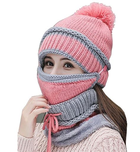 Womens Beanie Hat Scarf Mask 3 In 1 Set Winter Warm Slouchy Knit Cap