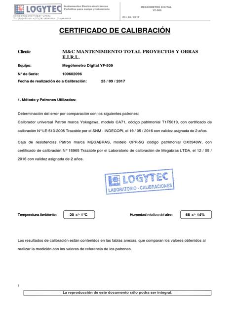 Certificado De Calibración Pdf Calibración Medición