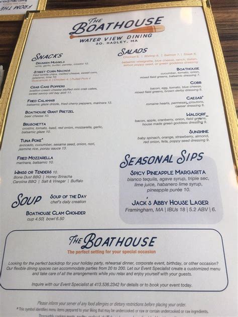 Menu at The Boathouse Restaurant, South Hadley