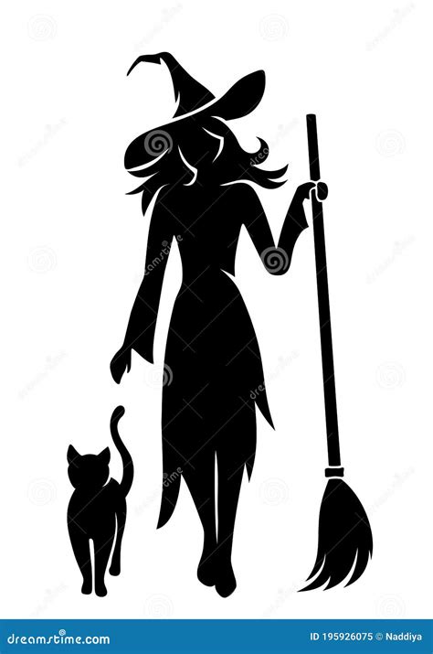 Beautiful Witch With A Broomstick And A Cat Vector Black Silhouette