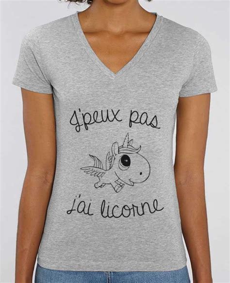 Tee Shirt Femme Col V Stella EVOKER Je Peux Pas J Ai Licorne Coton