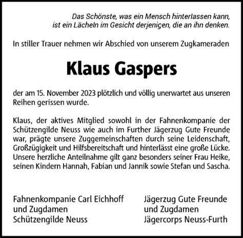 Alle Traueranzeigen F R Klaus Gaspers Trauer Rp Online De