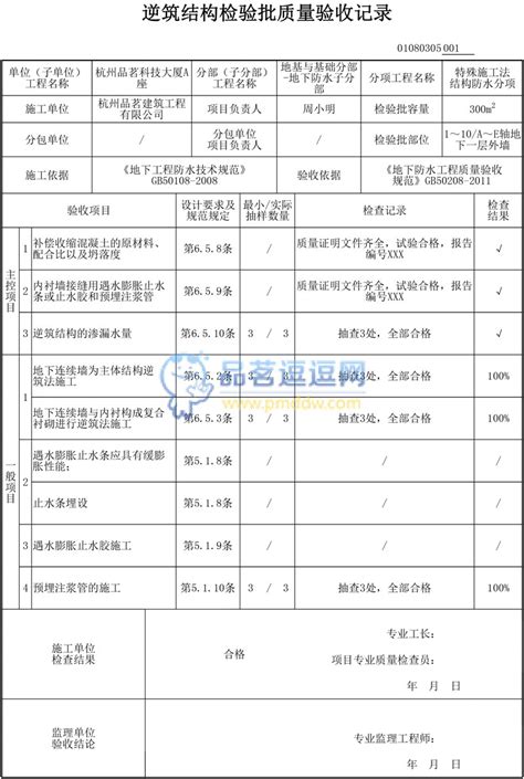 【特殊施工法结构防水】01080305 逆筑结构检验批质量验收记录品茗逗逗网品茗施工软件服务平台