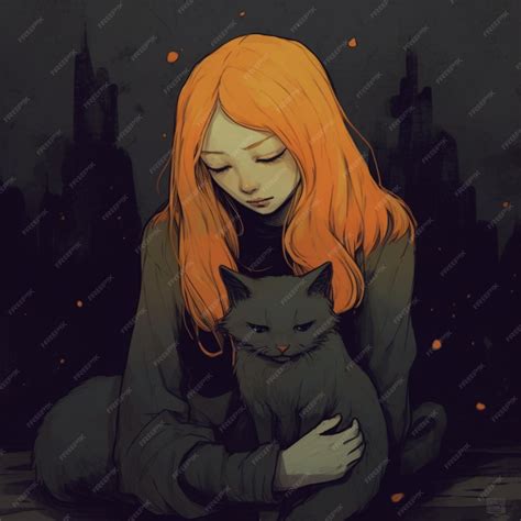 Premium Photo | Anime girl with orange hair and black cat sitting on a table generative ai