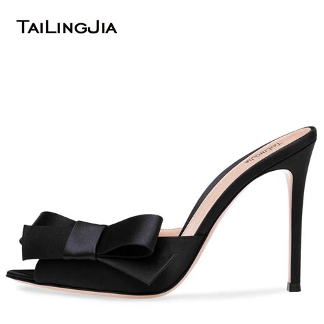 Pointy Peep Toe High Heel Mules With Bow Black Satin Heeled Sandals Women Dress Heels Ladies