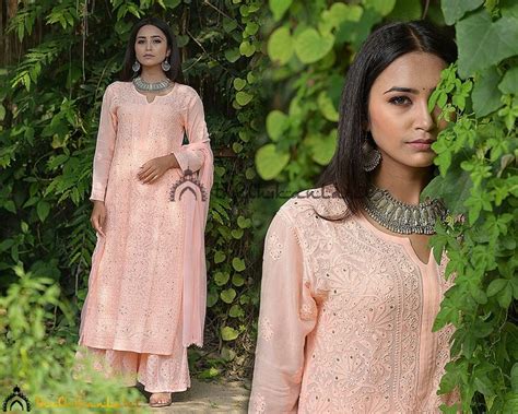 Peach Chikankari Kurti Sharara Set With Mukaish Work In Etsy