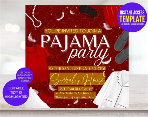 Adult Pajama Party Red Pearls Invitation Template Girls Etsy France