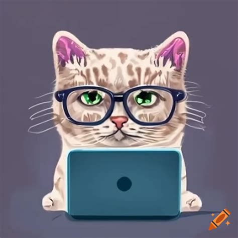 Cartoon Style Tricolor Cat With Glasses Sitting With A Laptop On Craiyon