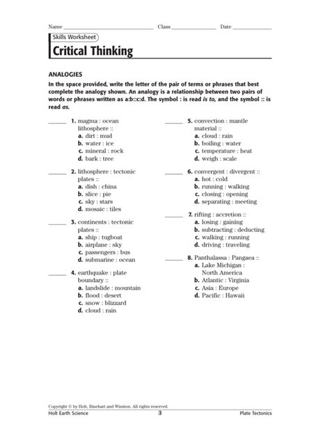 Critical Thinking Skills Worksheet Analogies