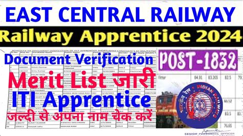 East Central Railway Apprentice Merit List 2024 1832 Posts RRC ECR