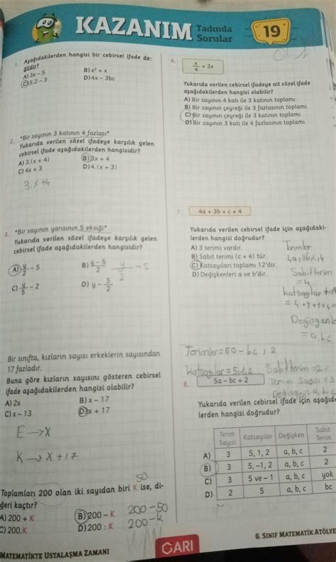 ekteki sorulari yaparmısıniz matematik atolyem 6 sınıfSADECE CEVAP